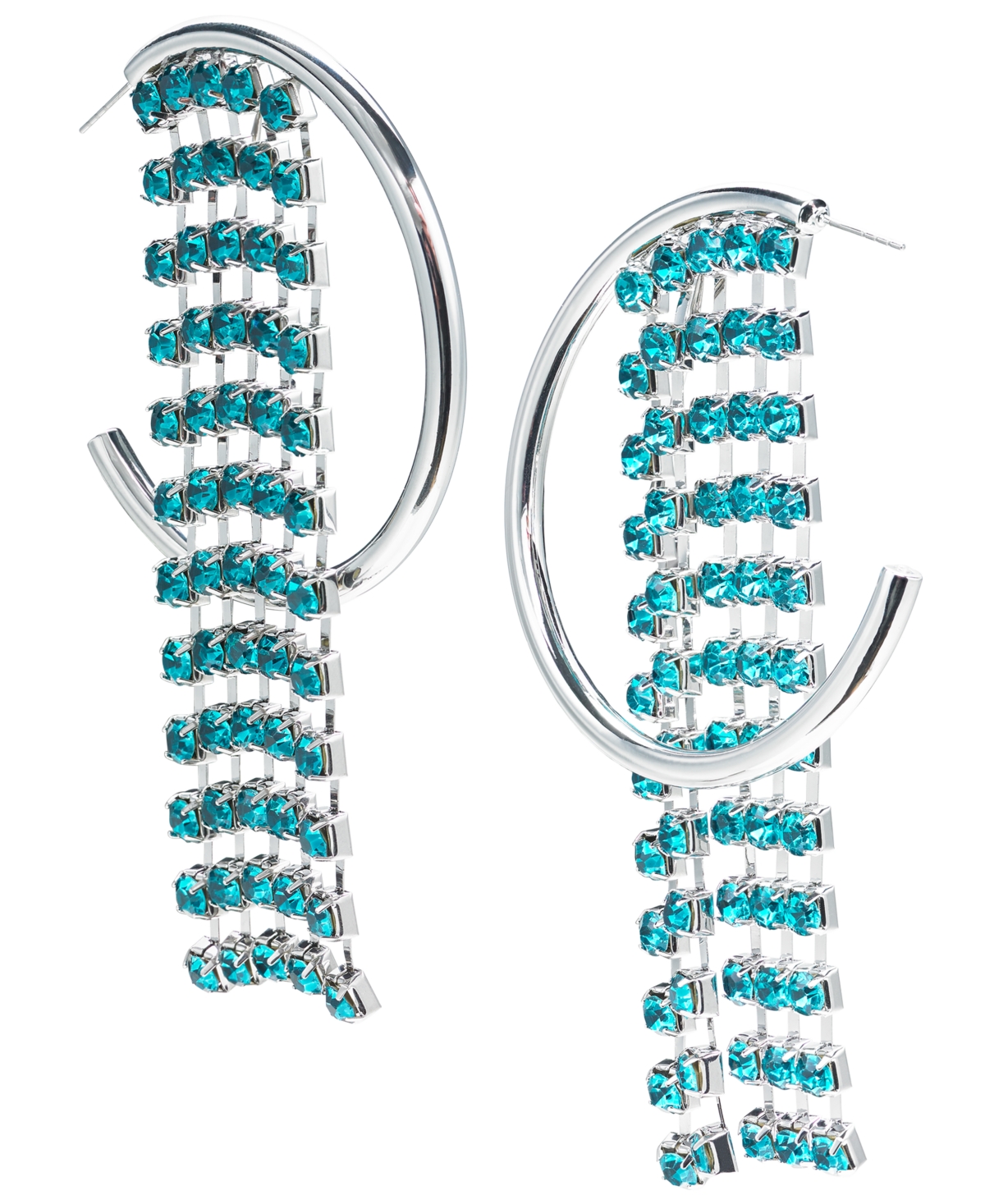 Silver-Tone Color Crystal Fringe C-Hoop Earrings, Created for Macy's - Blue