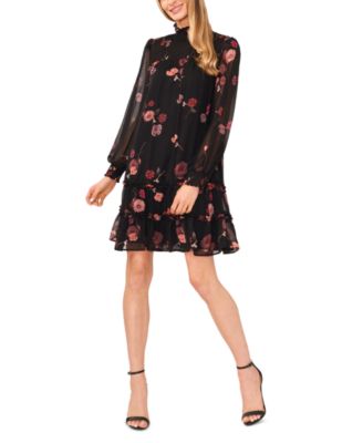 CeCe - Women's Long-Sleeve Smocked-Neck Ruffle Hem Dress