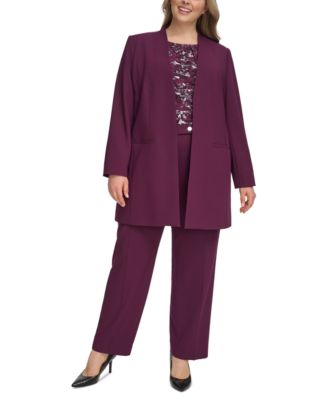 Calvin Klein Plus Size Open Front Rollback Cuff Jacket Printed Pleat Neck Camisole Modern Fit Pants In Aubergine