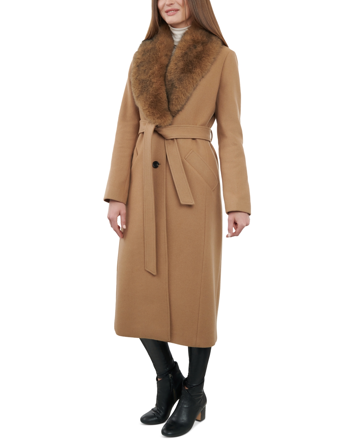 Michael Kors Michael  Women's Wool Blend Belted Coat In Dark Camel