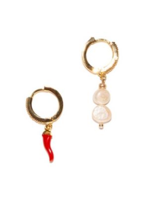 18K Gold Plated Freshwater Pearls with Red Hot Enamel Chili Pendant - Hot Chilli Earrings For Women - Red. Gold