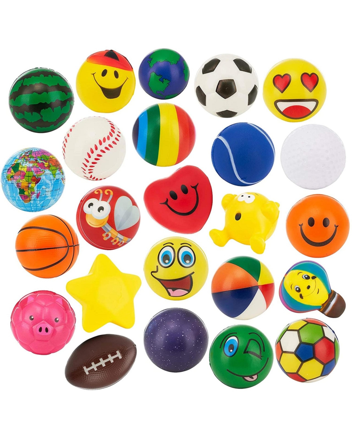24 Stress Balls - Bulk Pack of 2.5" Stress Balls - Treasure Box Classroom Prizes, Party Favors, Or Just to De-Stress (2 Dozen) Assorted Designs and Co