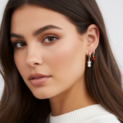 Gold-Plated Freshwater Pearl & Chili Charm Hoop Earrings, Lightweight & Stackable