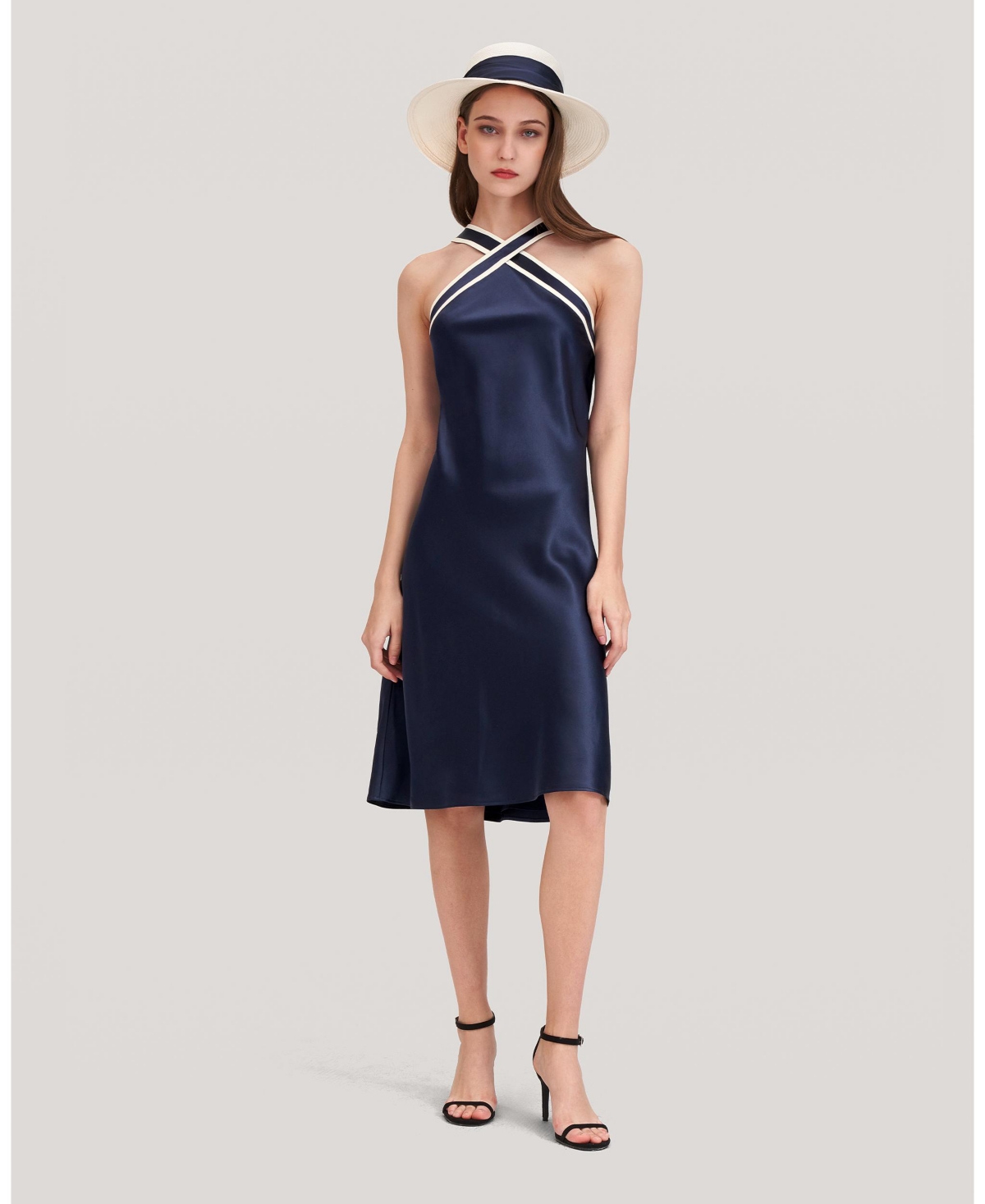 Women's Glossy Camellia Silk Halter-Neck Dress - Navy blue