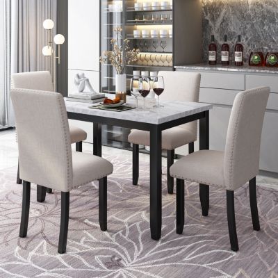 Marble 5-Piece Dining Set Table with 4 Thicken Cushion Dining Chairs