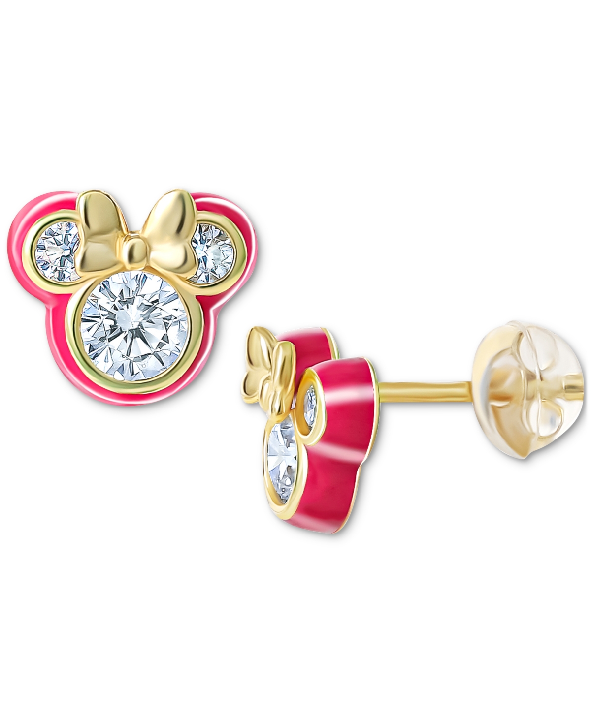 Disney Cubic Zirconia & Deep Pink Enamel Minnie Mouse Stud Earrings In 18k Gold-plated Sterling Silver In Gold Over Silver