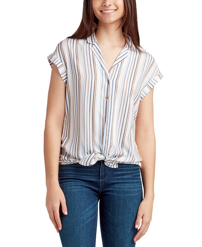 BCX Juniors Button Front Striped Short Sleeve Top Macy s