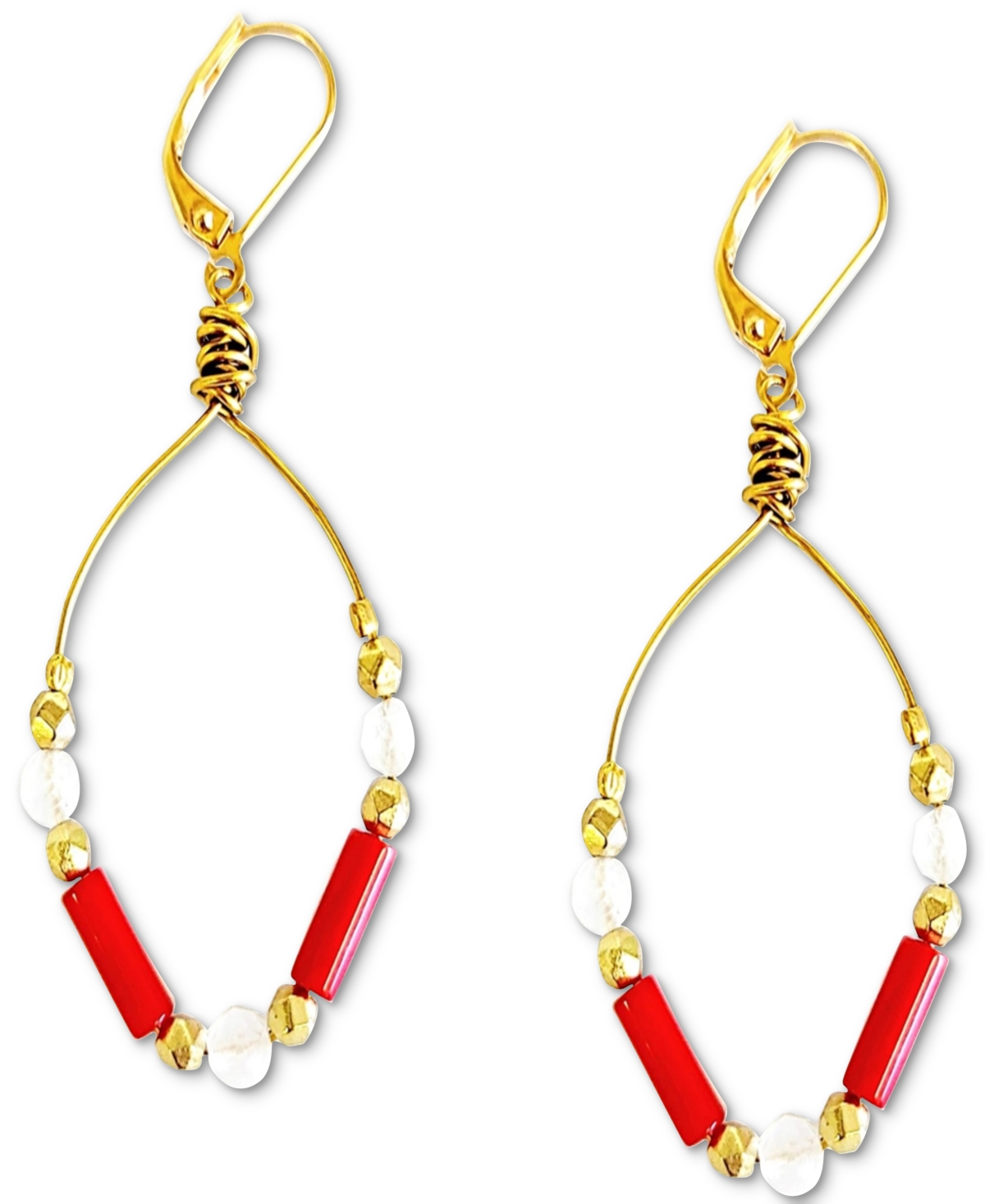 Gold-Tone Moonstone & Red Coral Beaded Drop Earrings - Red White