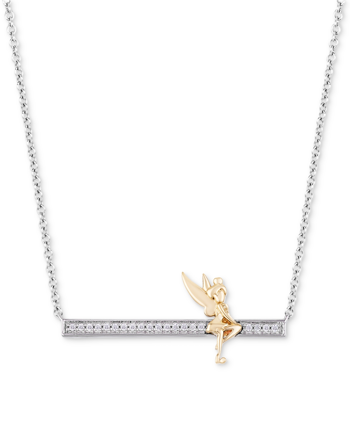 Diamond Tinker Bell Bar Pendant Necklace (1/10 ct. t.w.) in Sterling Silver & Gold-Plate, 16" + 2" extender - Sterling S