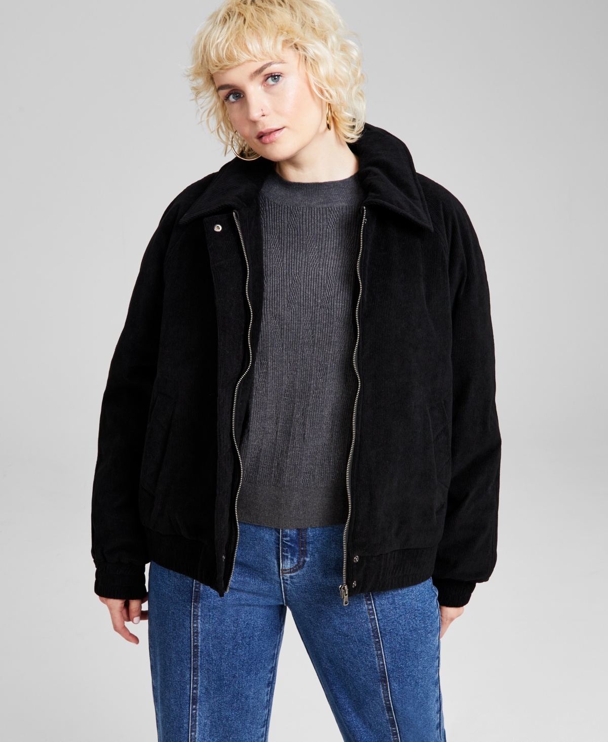 And Now This Women's Corduroy Bomber Jacket , Created For Macy's In Black