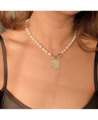 18K Gold Plated Freshwater Pearls with a Coin Pendant - Giorgia Pearl Necklace 17" For Women