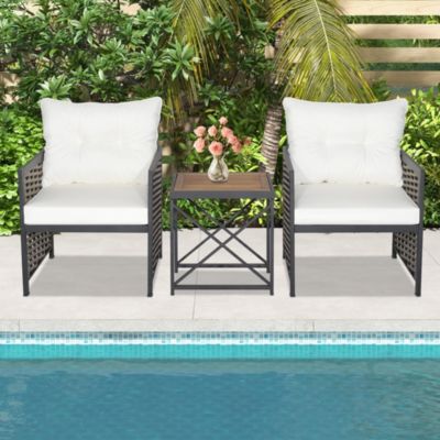 3 PCS Patio Rattan Furniture Set Acacia Wood Coffee Table & 2 Chairs Backyard