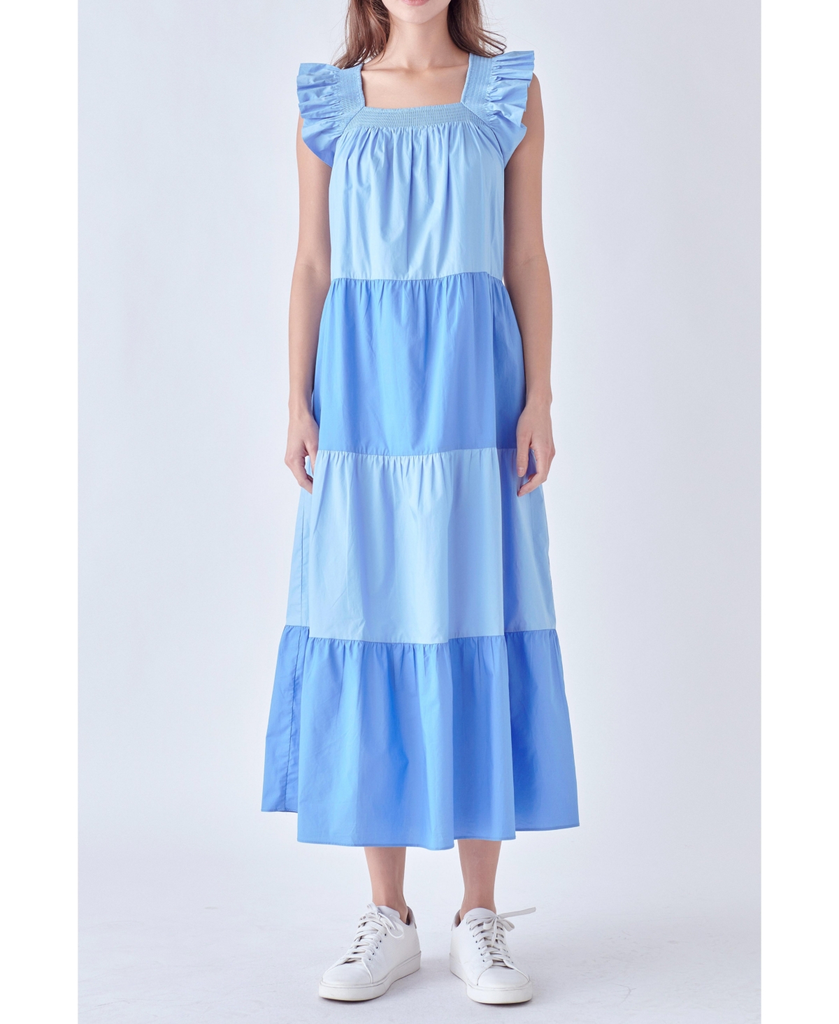 English Factory Ruffle Detail Colorblock Midi Dress In Blue Multi