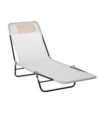 Portable Sun Lounger, Lightweight Folding Chaise Lounge Chair w/ Adjustable Backrest & Pillow for Beach, Poolside and Patio, White & Black