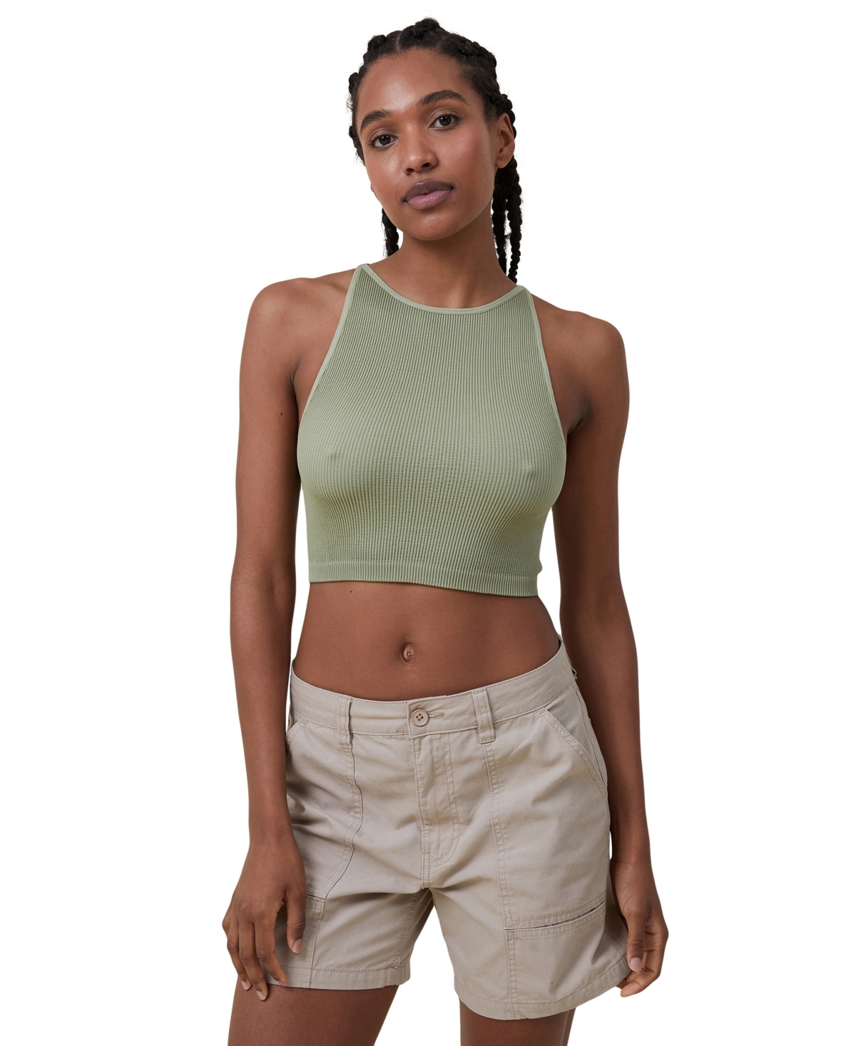 Shop Cotton On Women's Seamless Benni High Neck Cropped Tank Top In Cool Khaki