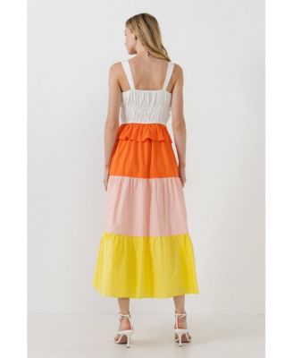 Women's Color Block Tied Detail Shirring Dress