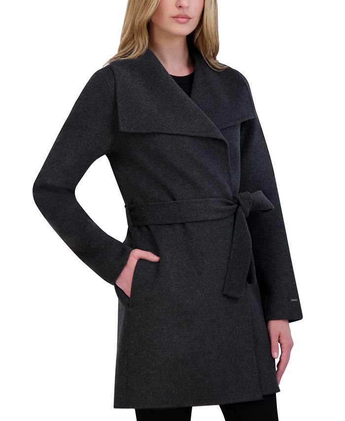 tahari women's wool wrap coat with tie belt