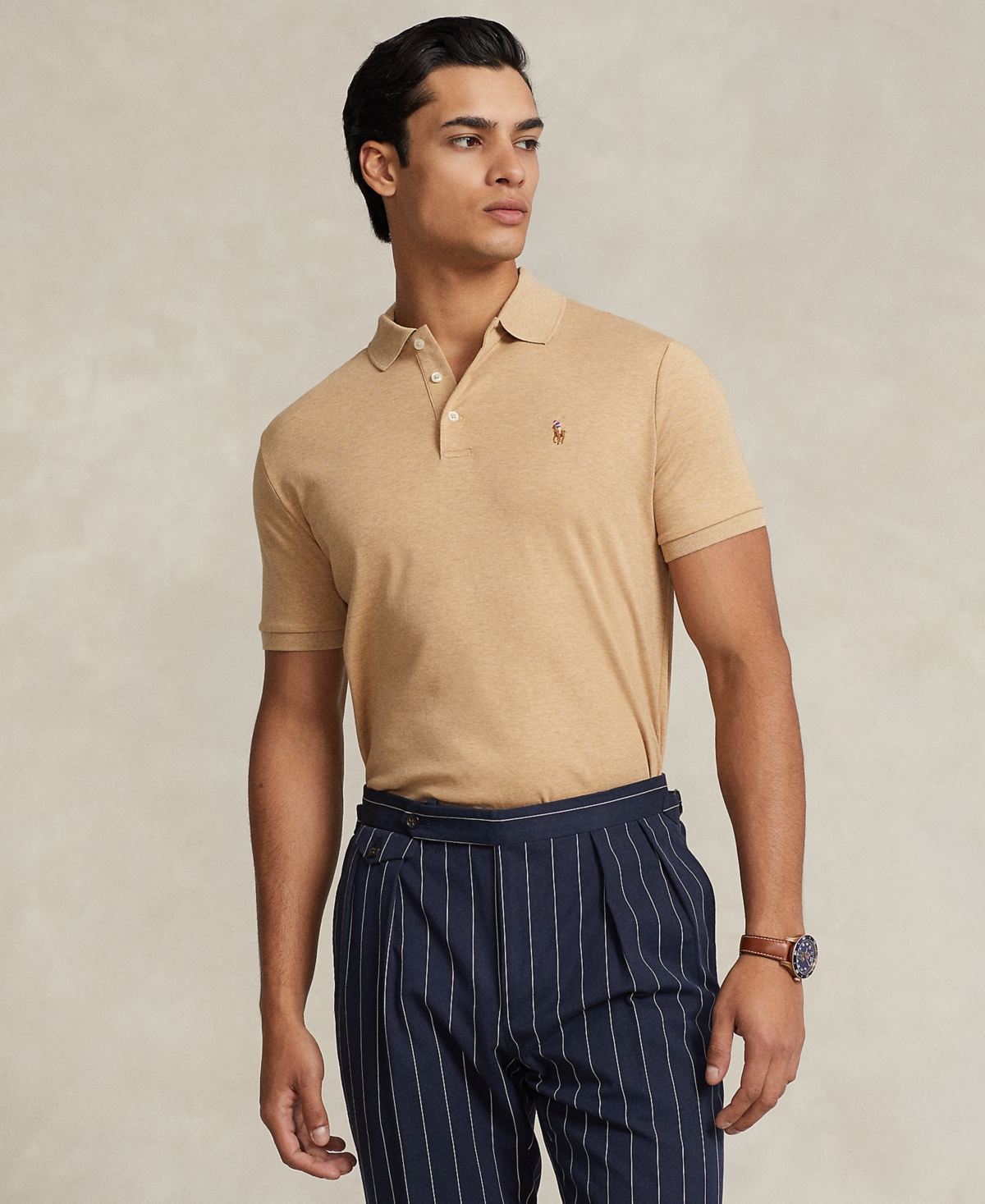 Shop Polo Ralph Lauren Men's Custom Slim Fit Soft Cotton Polo Shirt In Classic Camel Heather