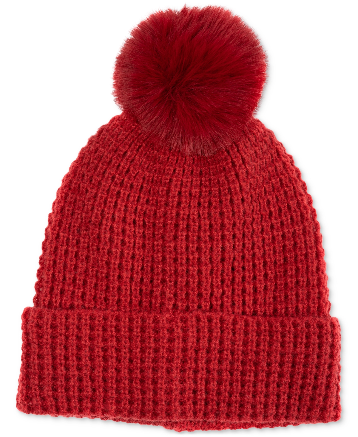 Style & Co Women's Faux-fur Pom Pom Waffle-knit Beanie, Created For Macy's In Red