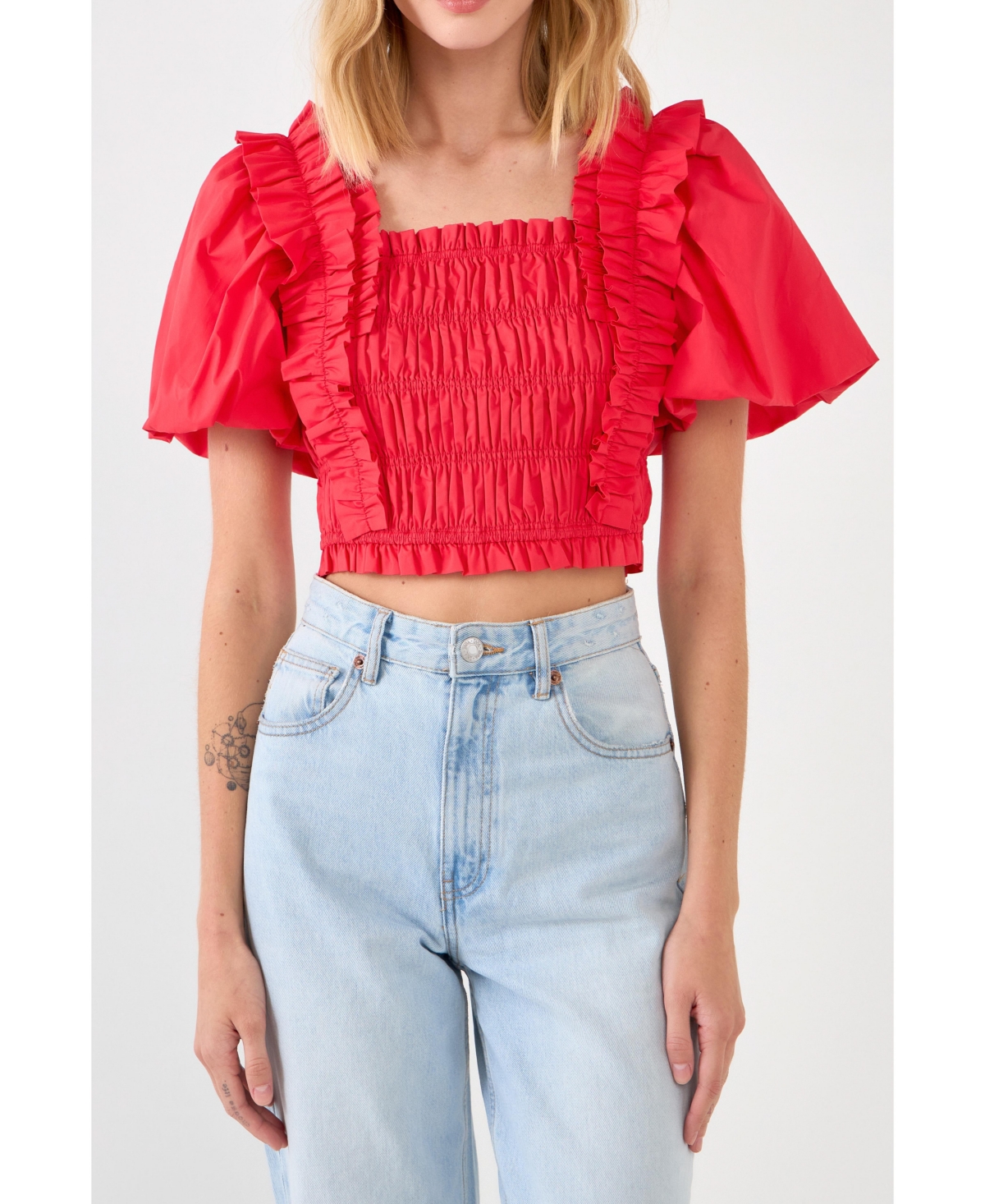 Endless Rose Smocked Puff Sleeve Top In Red