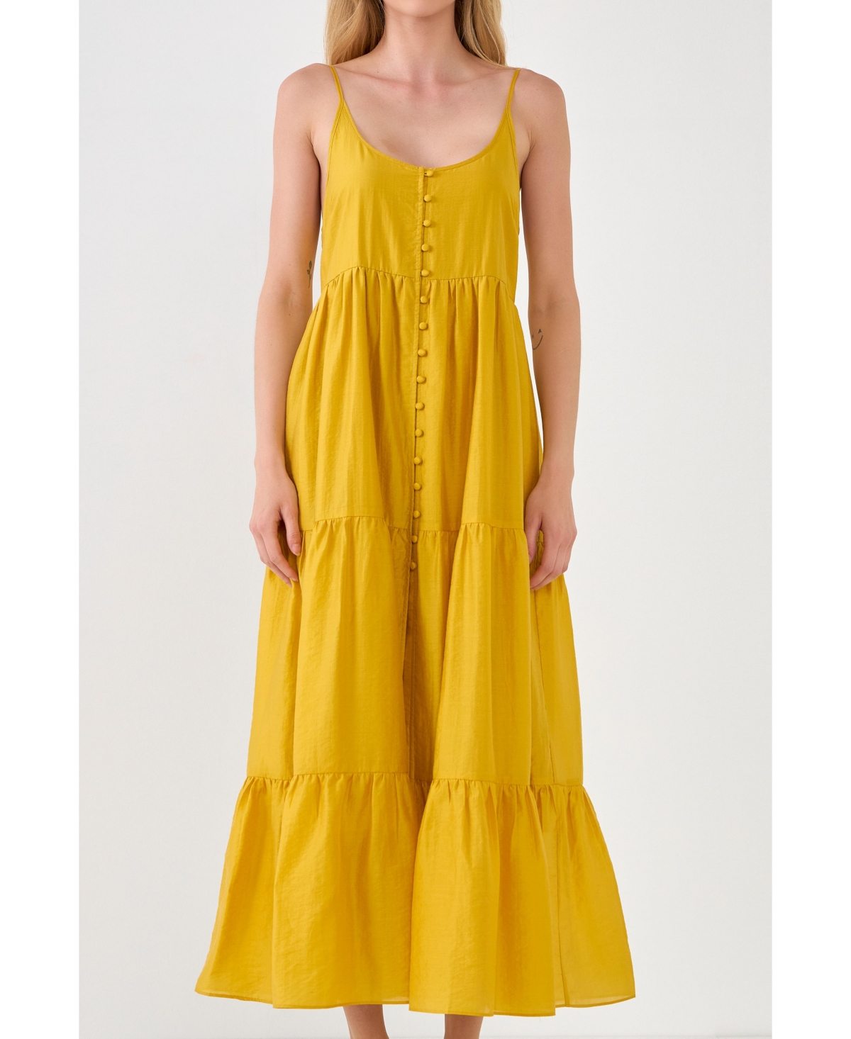 Endless Rose Button Detail Tiered Midi Dress In Mustard