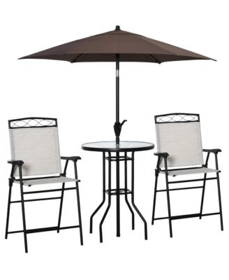 4 Piece Outdoor Patio Dining Furniture Set, 2 Folding Chairs, Adjustable Angle Umbrella, Wave Textured Tempered Glass Dinner Table, Beige