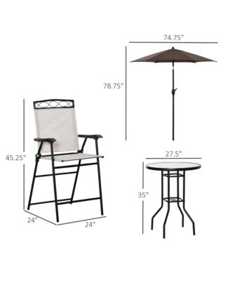 4 Piece Outdoor Patio Dining Furniture Set, 2 Folding Chairs, Adjustable Angle Umbrella, Wave Textured Tempered Glass Dinner Table, Beige