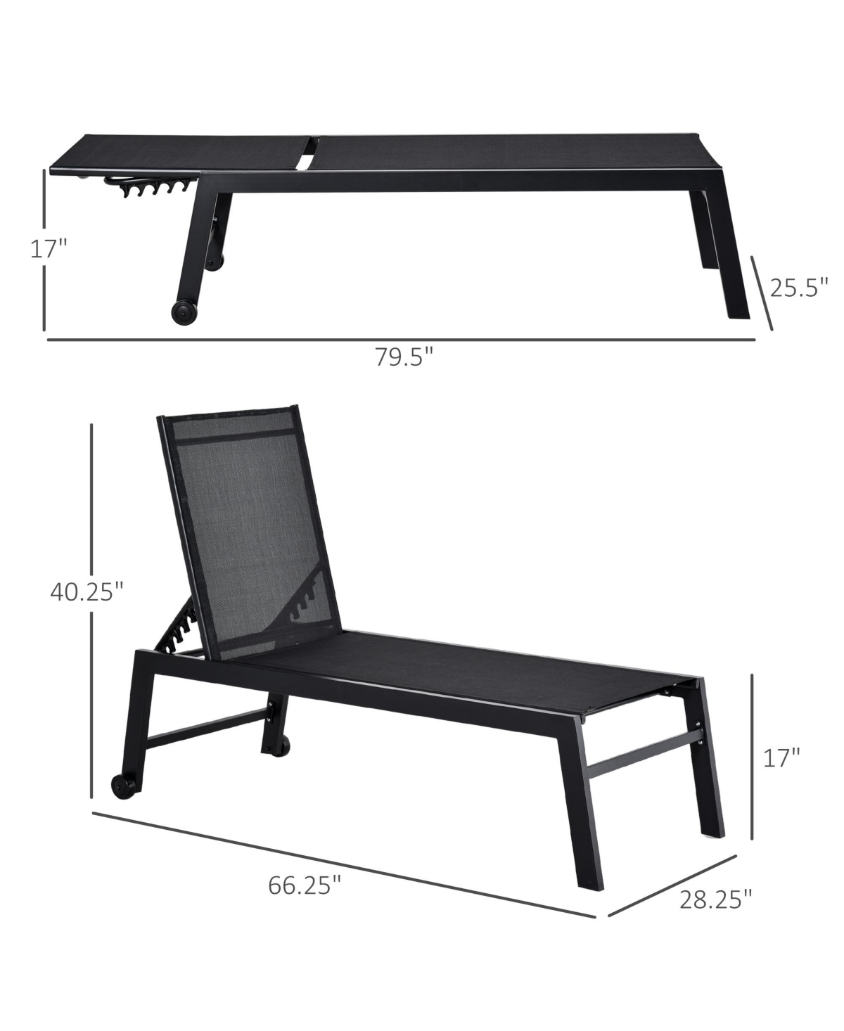 Outsunny Patio Garden Sun Chaise Lounge Chair with 5-Position Backrest, 2 Back Wheels, & Industrial Design,- Black