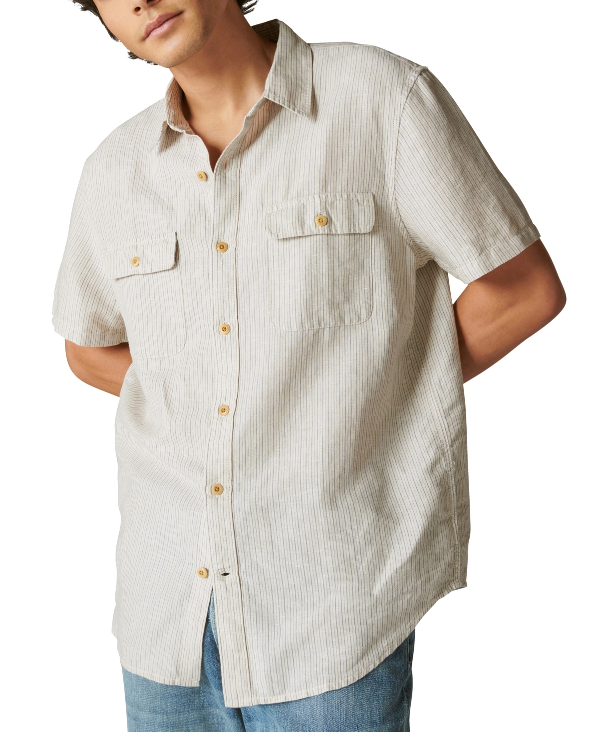 Shop Lucky Brand Men's Striped Short Sleeves Work Wear Shirt In Natural Stripe