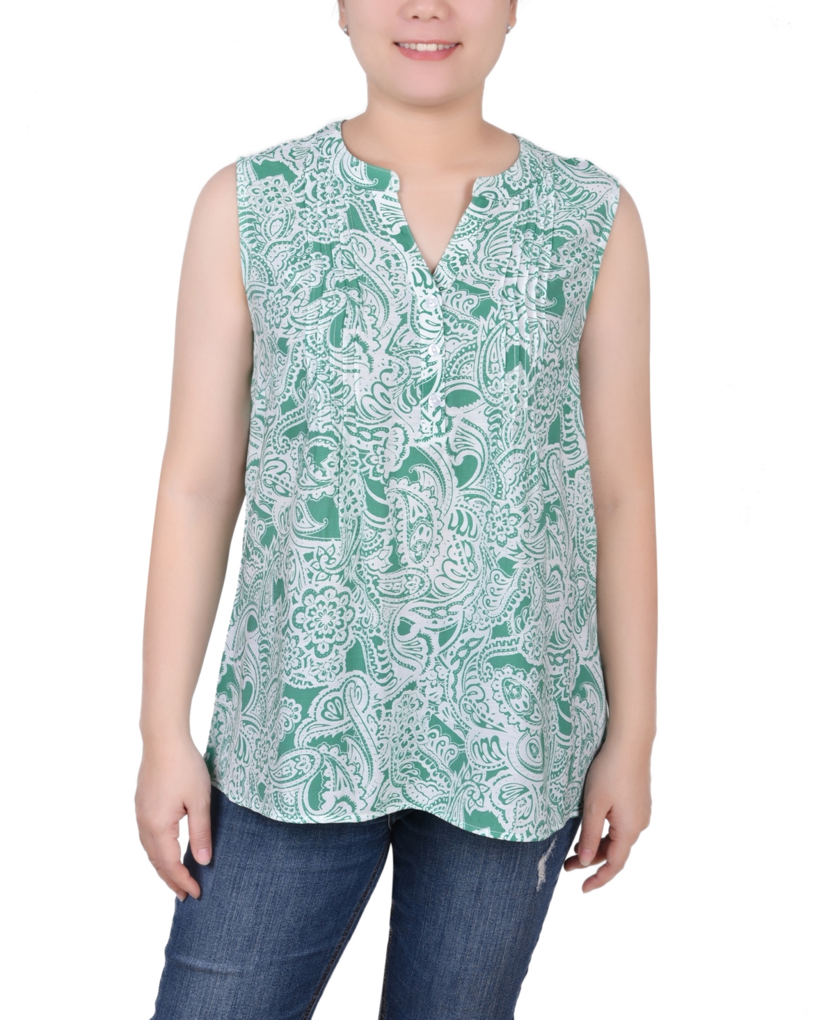 Ny Collection Petite Sleeveless Pintucked Blouse In Green Paisley Floral