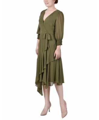 Women's 3/4 Sleeve Belted Chiffon Handkerchief Hem Dress