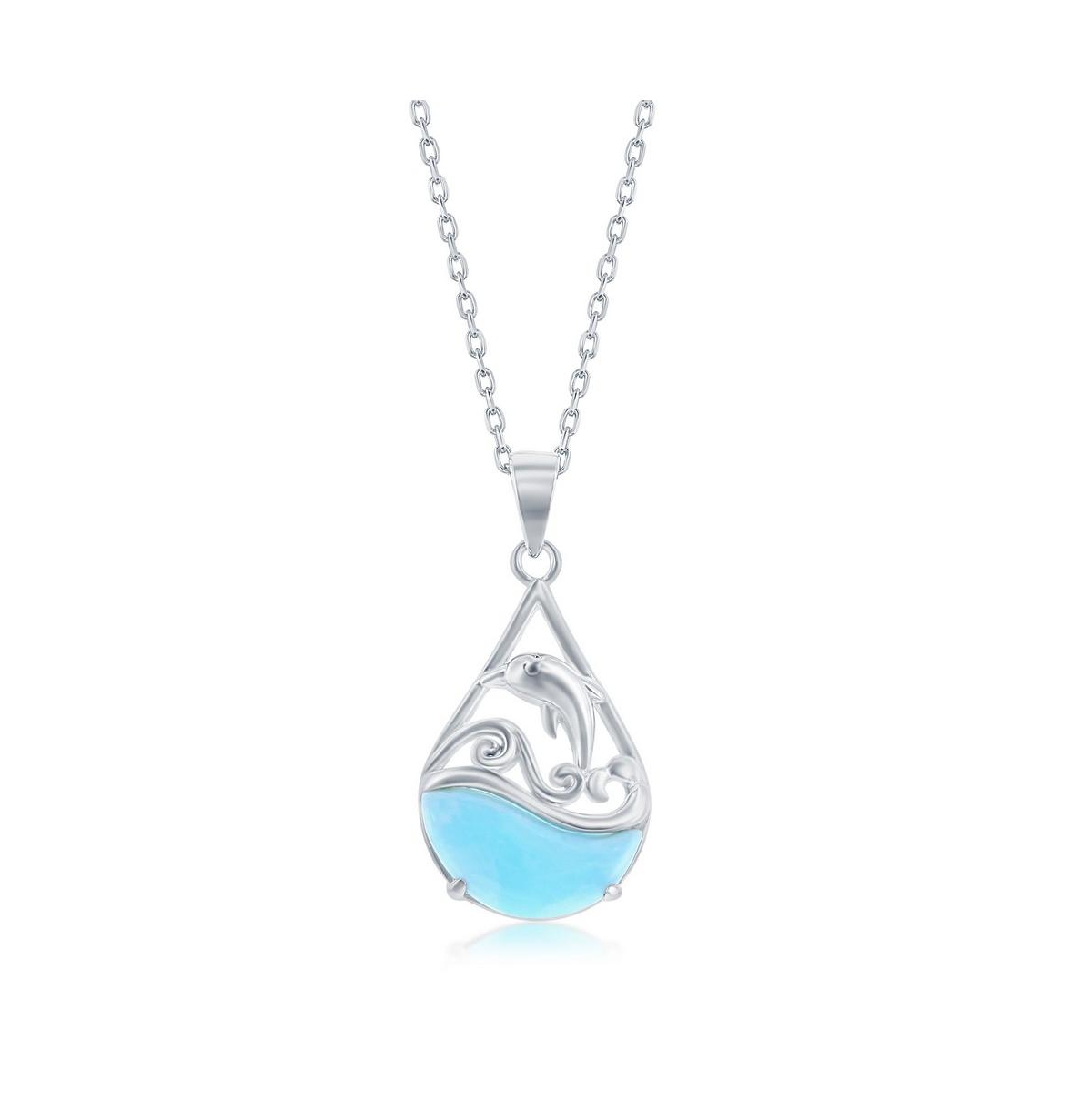 Sterling Silver Leaping Dolphin Pearshaped Larimar Necklace - Blue