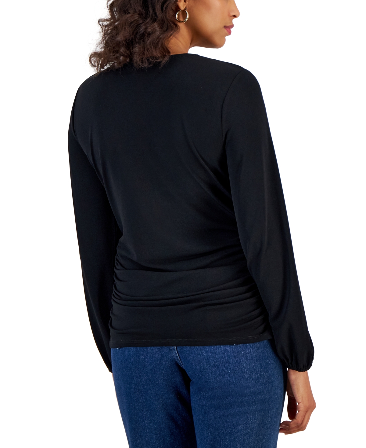 Jm Collection Women's Zip V-Neck Ruched Front Top, Created for Macy's
