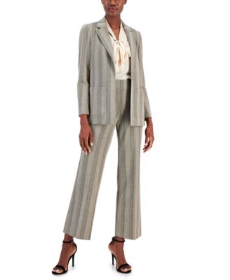 Anne Klein Womens Chevron Knit Pull On Pants Tie Neck Blouse Open Front Blazer In Crema