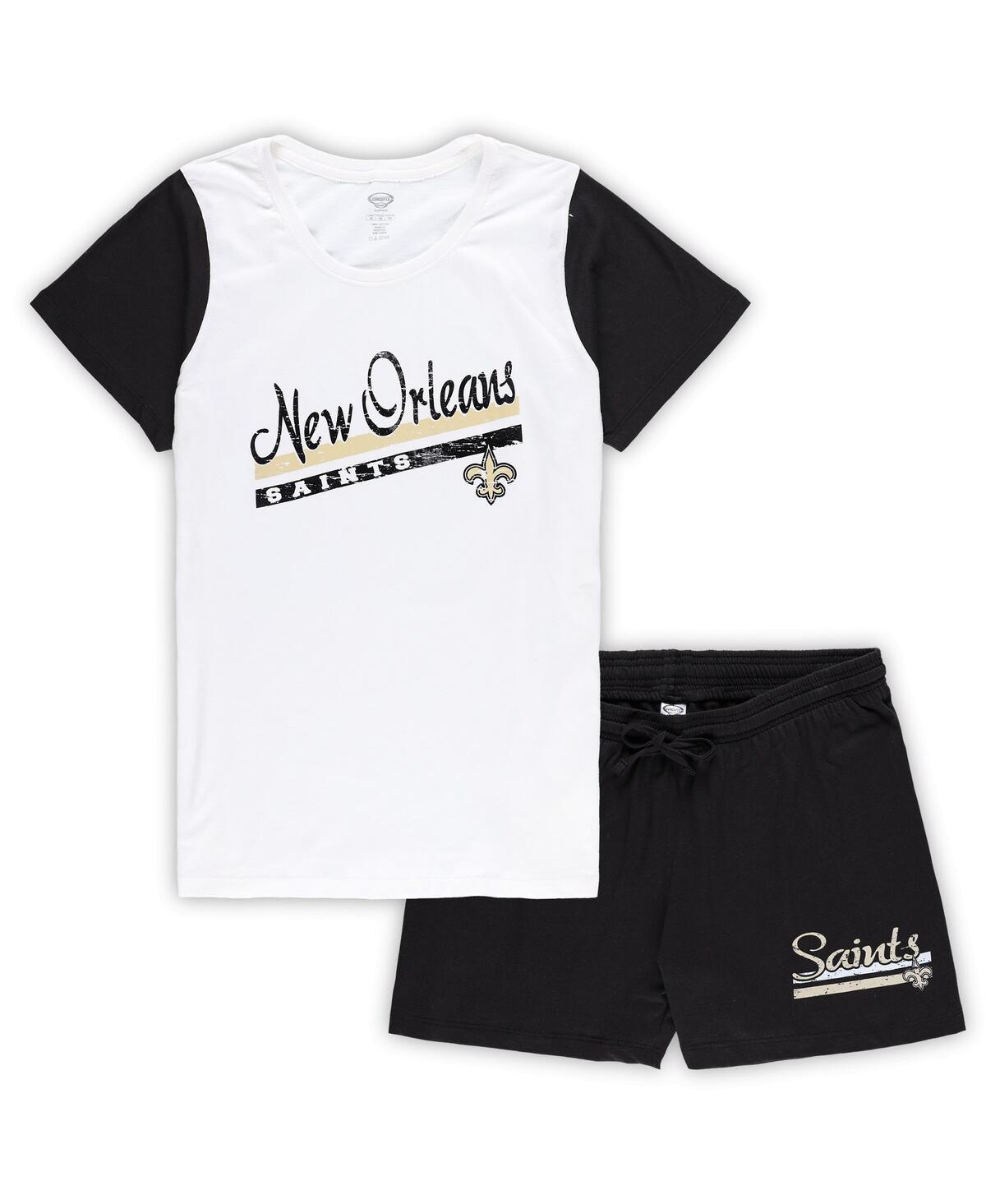 CONCEPTS SPORT WOMEN'S CONCEPTS SPORT WHITE, BLACK NEW ORLEANS SAINTS PLUS SIZE DOWNFIELD T-SHIRT AND SHORTS SLEEP 