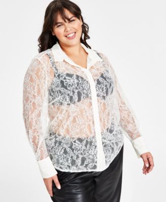 Bar III - Plus Size Sheer-Lace Buttoned-Cuff Shirt