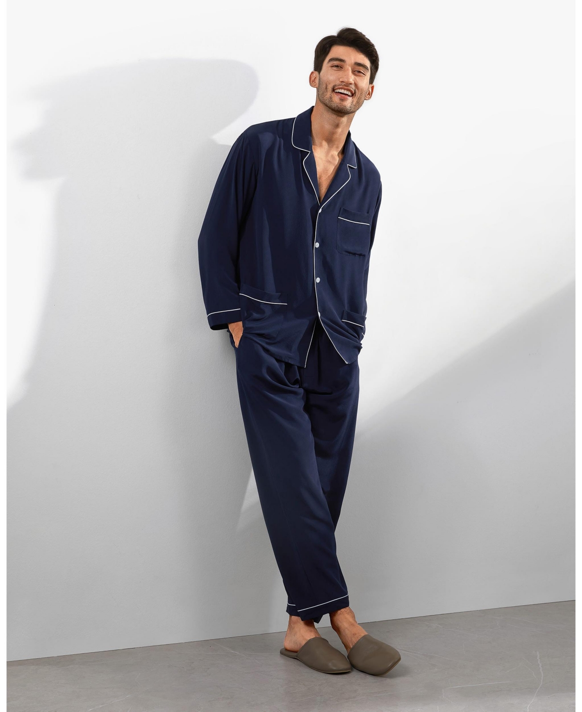 Men's Silk Pajama Set With Lapel Collar for Men - Navy blue
