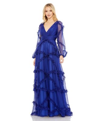 Mac Duggal Women's Cascaded Ruffle Puff Sleeve A Line Gown - Macy's