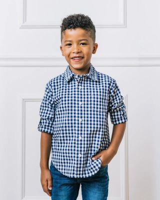 Boys Organic Long Sleeve Stretch Poplin Roll-Up Button Down Shirt