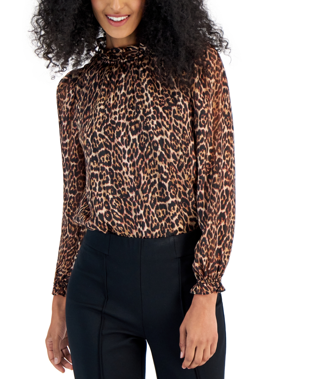 Anne Klein Women's Animal-print Ruffled-neck Keyhole-back Blouse In Light Coffee,vicuna Multi