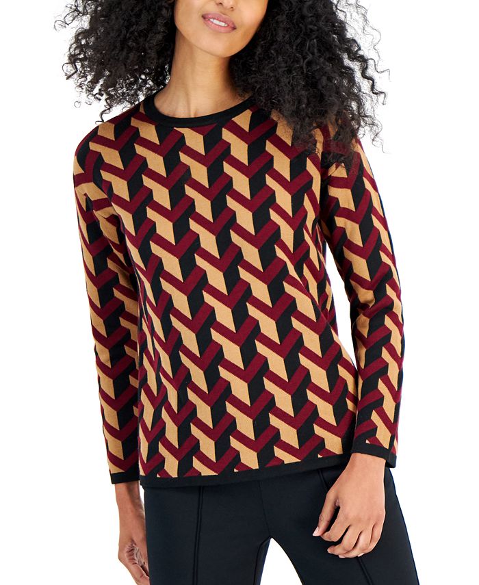Semi High Neck Long Sleeve Jacquard Sweater