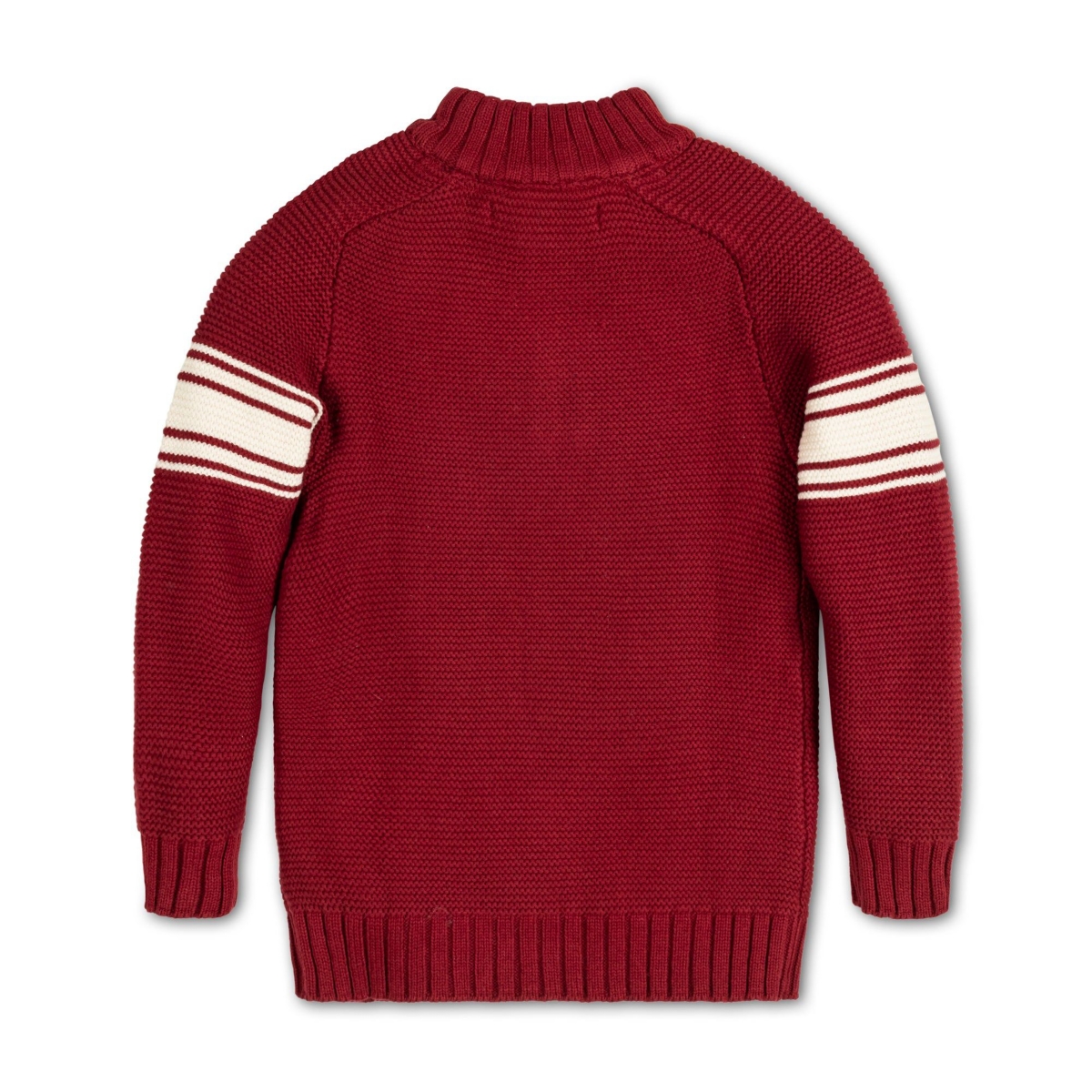 Hope & Henry Boys Organic Long Sleeve Mock Neck Raglan Sweater with Kanga Pocket - Dark red with sleeve stripes