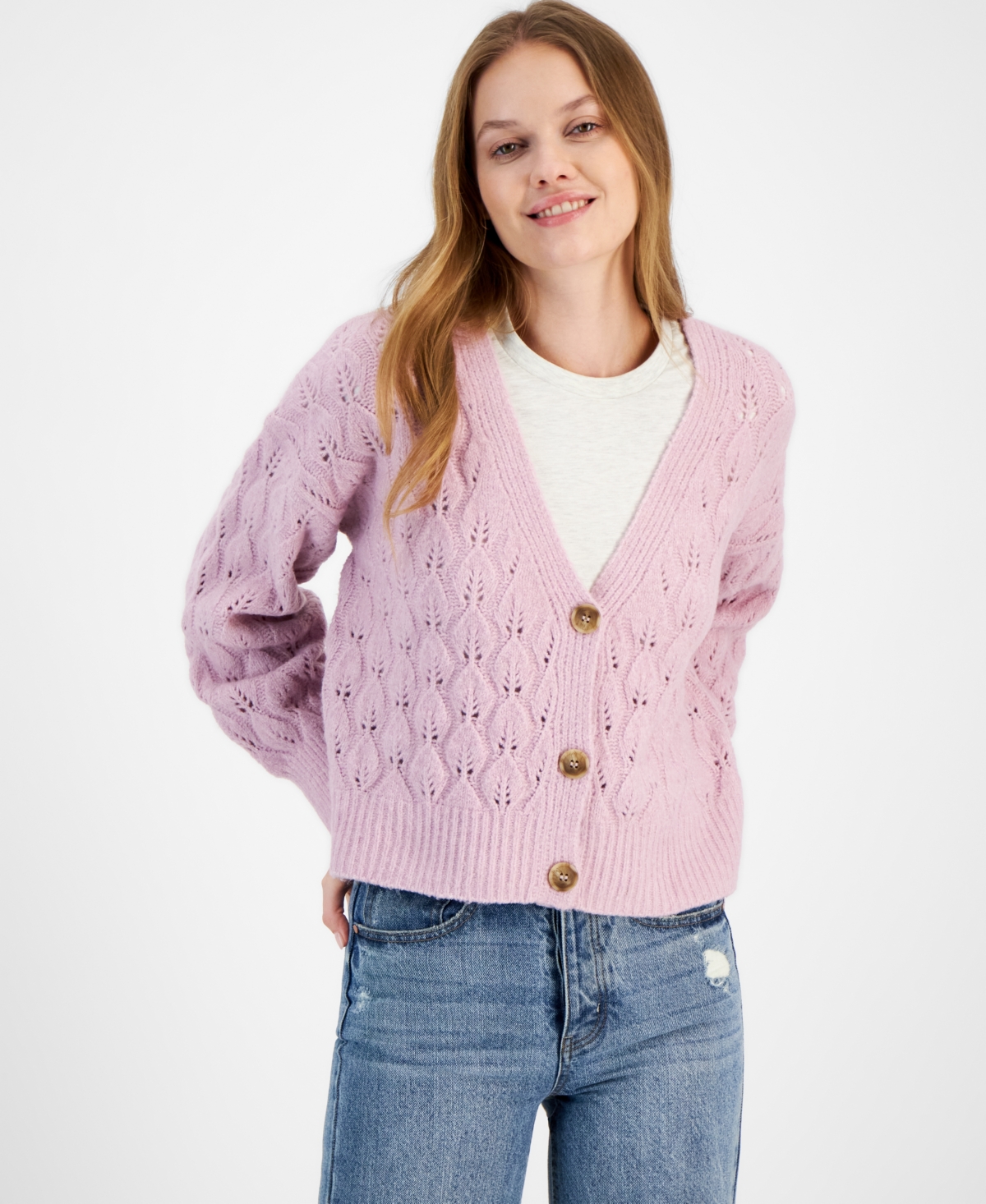 And Now This Women's Leaf-stitch Cardigan Sweater In Mauve Shadows