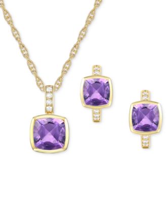 Macy's - 2-Pc. Set Amethyst (3-1/5 ct. t.w.) & Lab-Grown White Sapphire (1/20 ct. t.w.) Pendant Necklace & Matching Small Hoop Earrings in Gold-Plated Sterling Silver (Also in Blue Topaz, Lab-Grown Morgani