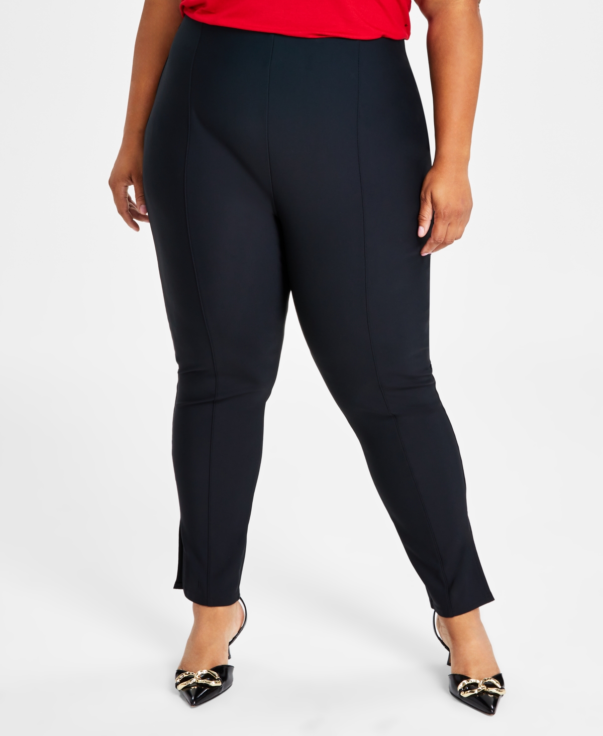 I.n.c. International Concepts Plus Size High Rise Pull-On Slit Ankle Ponte  Pants, Created for Macy's - Deep Black