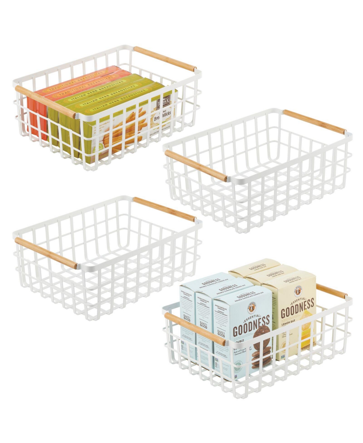 mDesign Metal Wire Organizer Basket, Bamboo Handles, Large - 4 Pack, Matte White/Natural