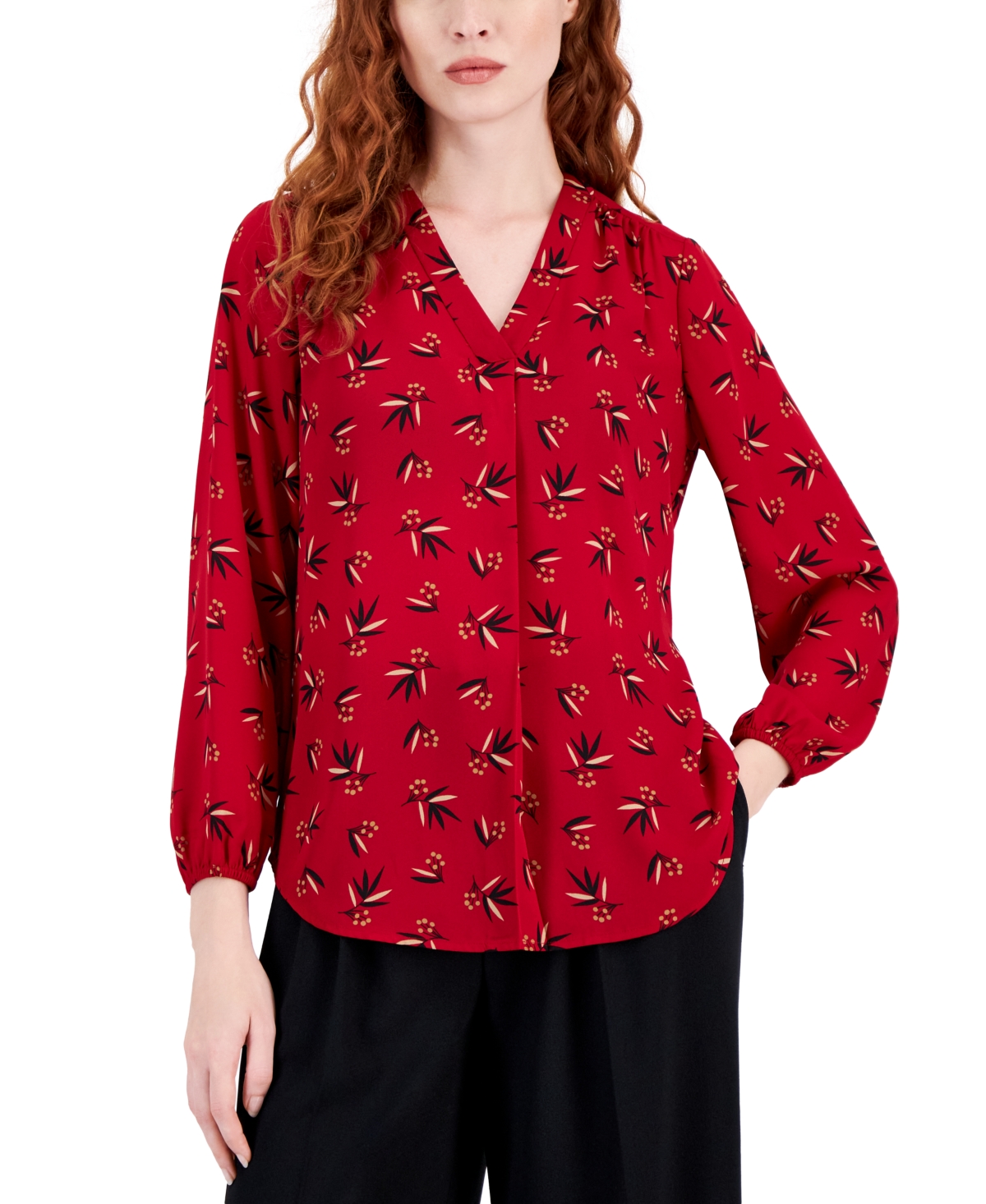 Ak Anne Klein Petite V-neck Long-sleeve Pleated Blouse In Titian Red Multi Floral
