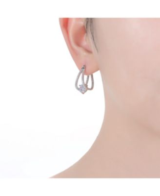 Sterling Silver with Cubic Zirconia Solitaire Double Trapeze Inside-Out Oblong Hoop Earrings