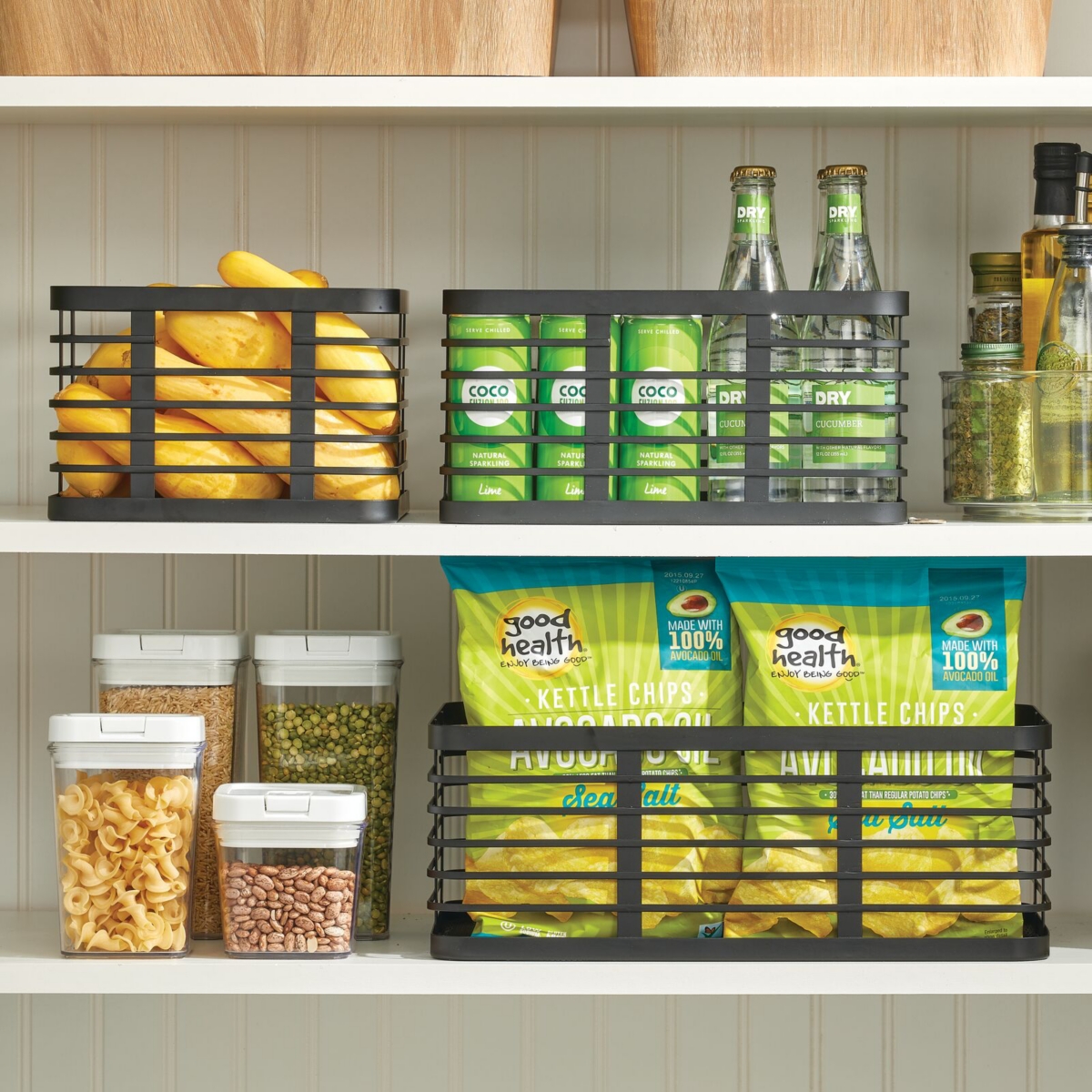 mDesign Steel Metal Wire Kitchen Organizer Basket, Handles, 3 Pack, Matte- Black