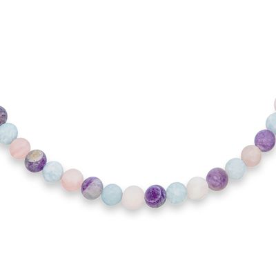 Plain Simple Mixed Amethyst Aquamarine and Natural Rose Quartz Matte Round 10MM Bead Strand Necklace Silver Plated Clasp